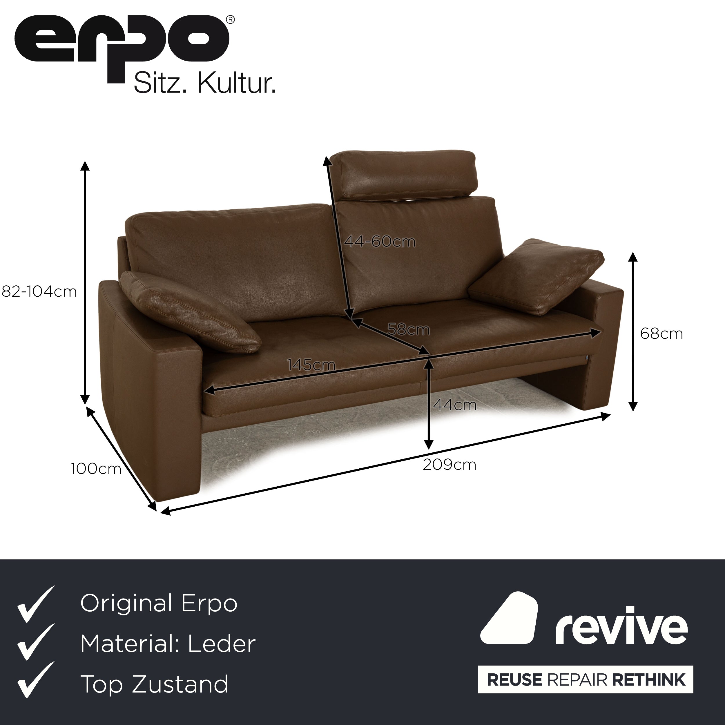 Erpo CL 100 leather three-seater brown sofa couch including headrest