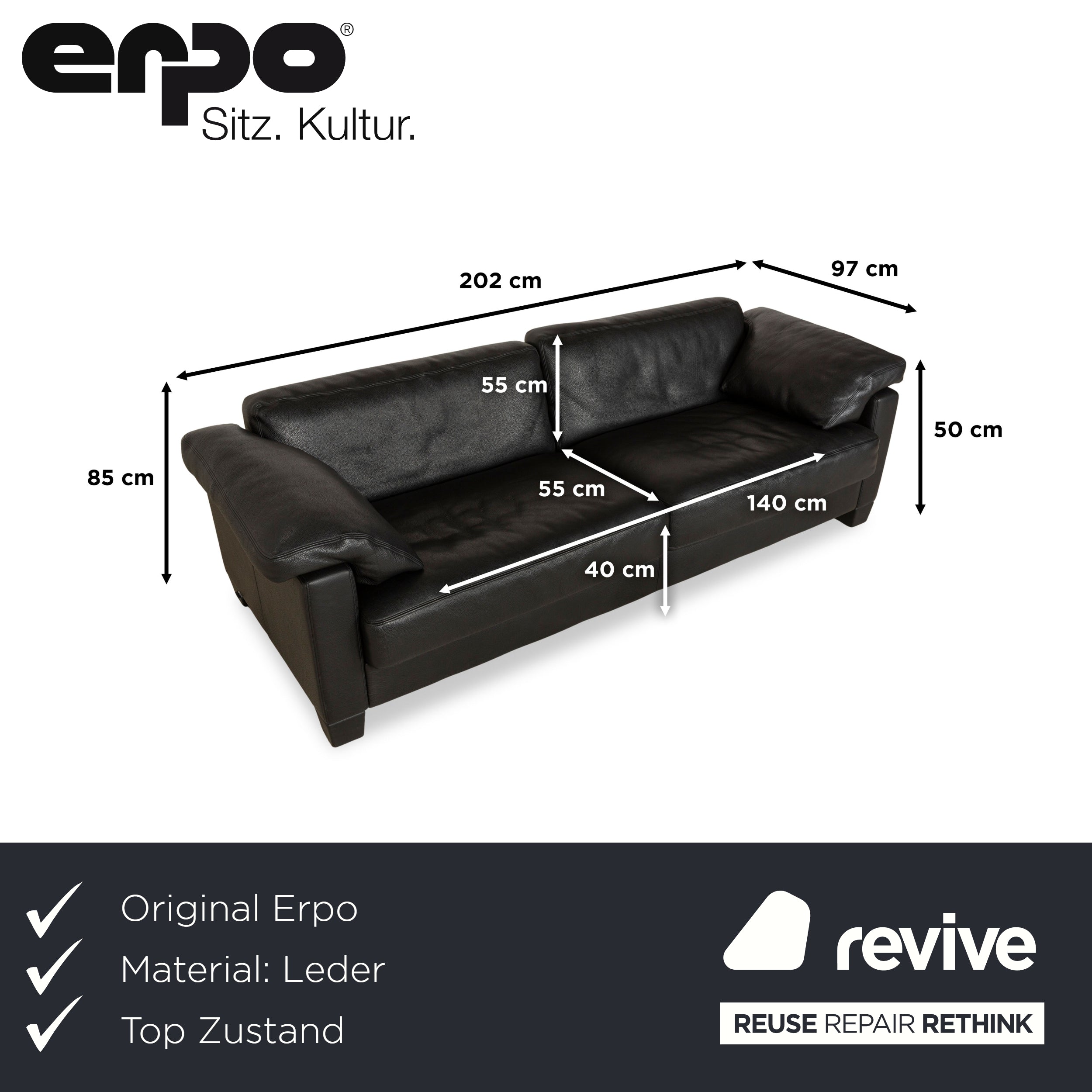 Erpo CL 100 Leder Dreisitzer Schwarz Sofa Couch