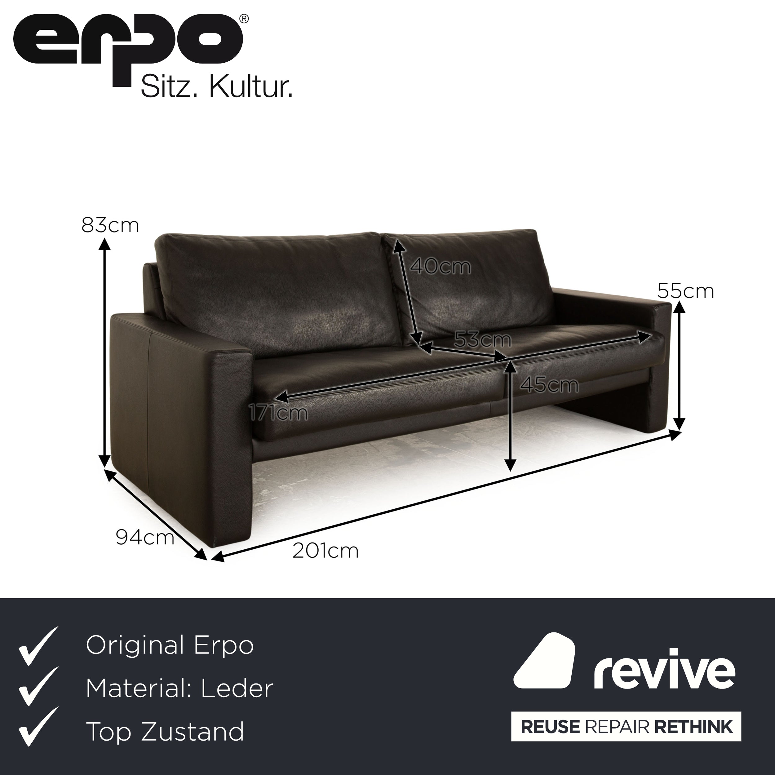 Erpo CL 100 Leder Dreisitzer Schwarz Sofa Couch