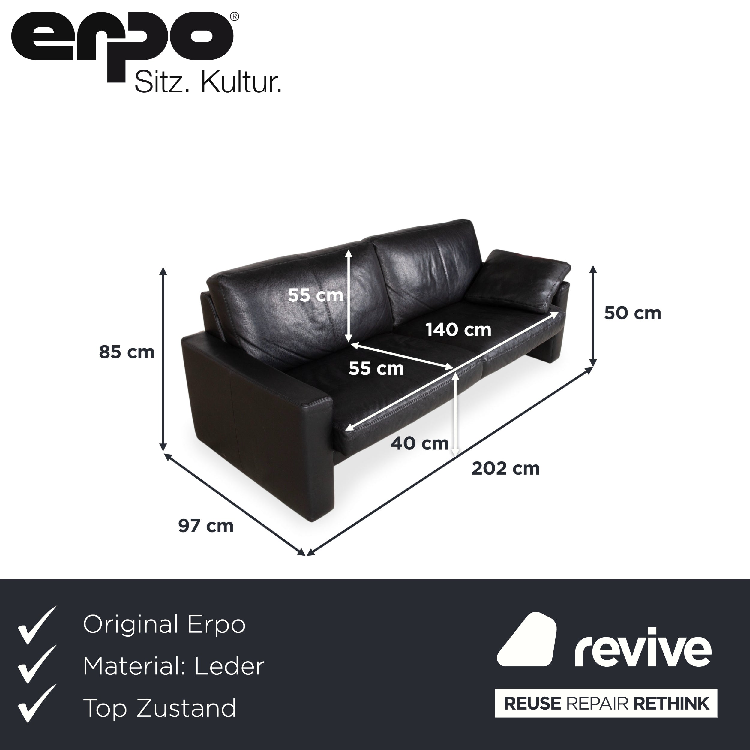 Erpo CL 100 Leder Dreisitzer Schwarz Sofa Couch