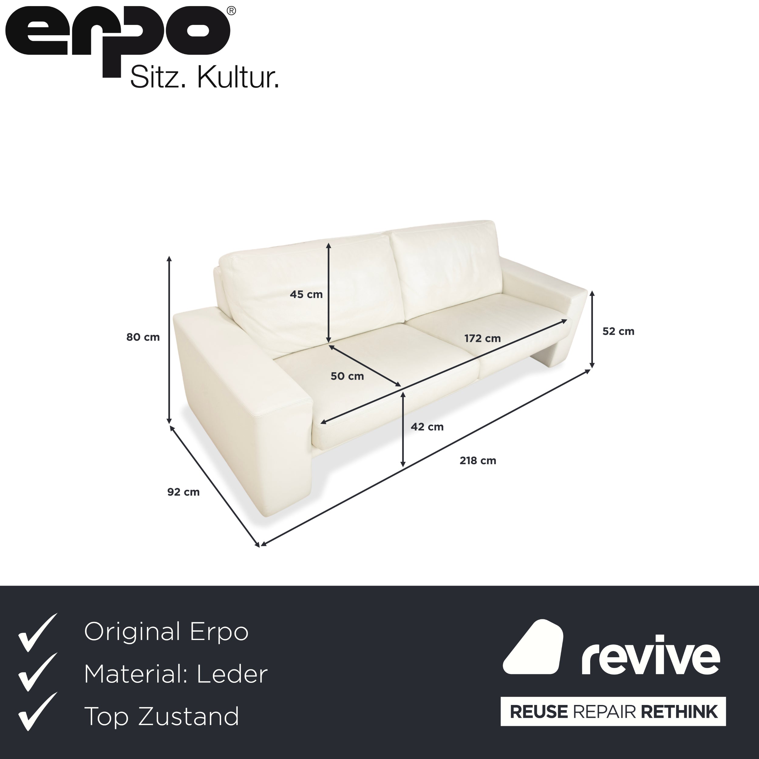 Canapé trois places en cuir Erpo CL 100, blanc beige crème