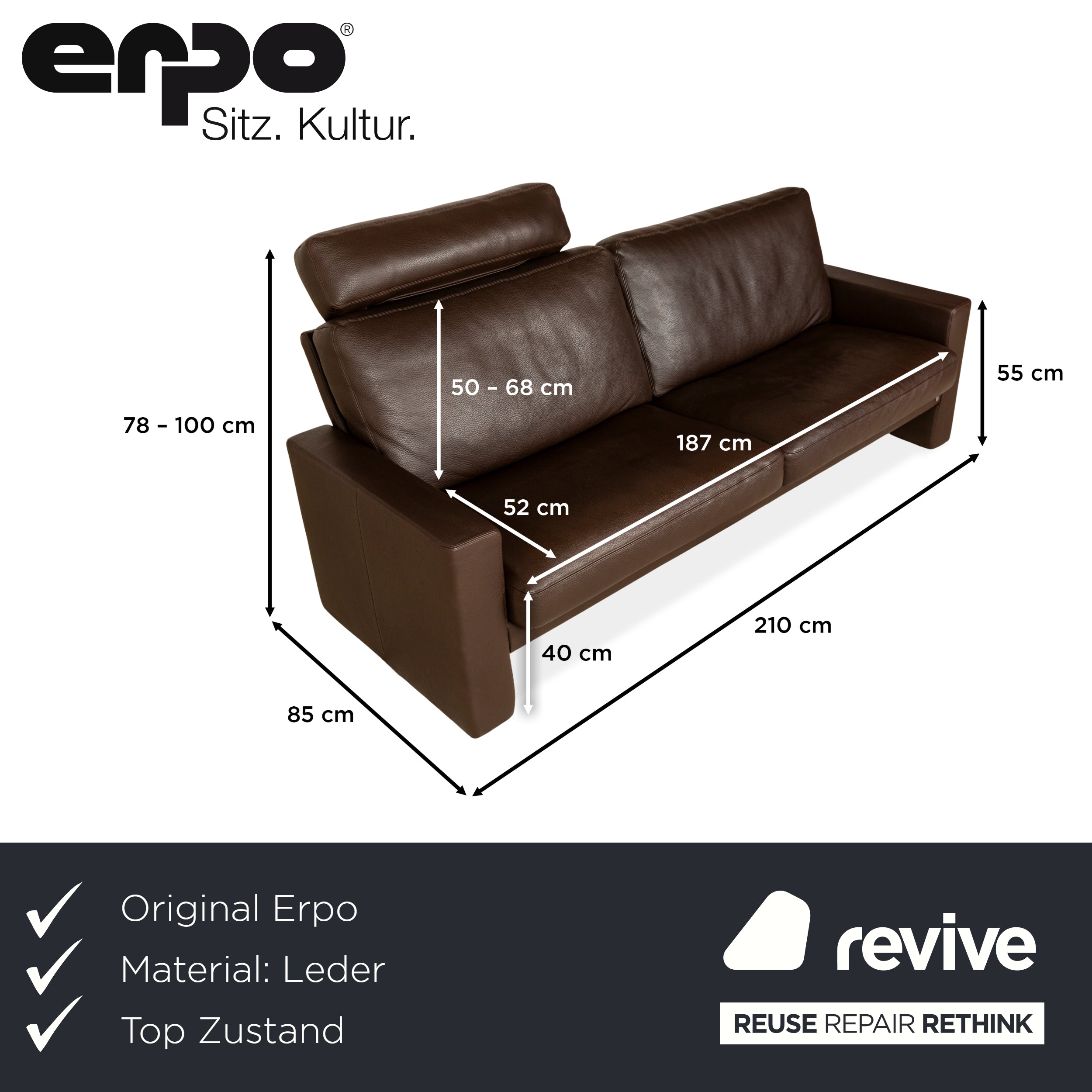 Erpo CL 100 Leder Dreistzer Braun manuelle Funktion Sofa Couch inkl. Kopfstütze