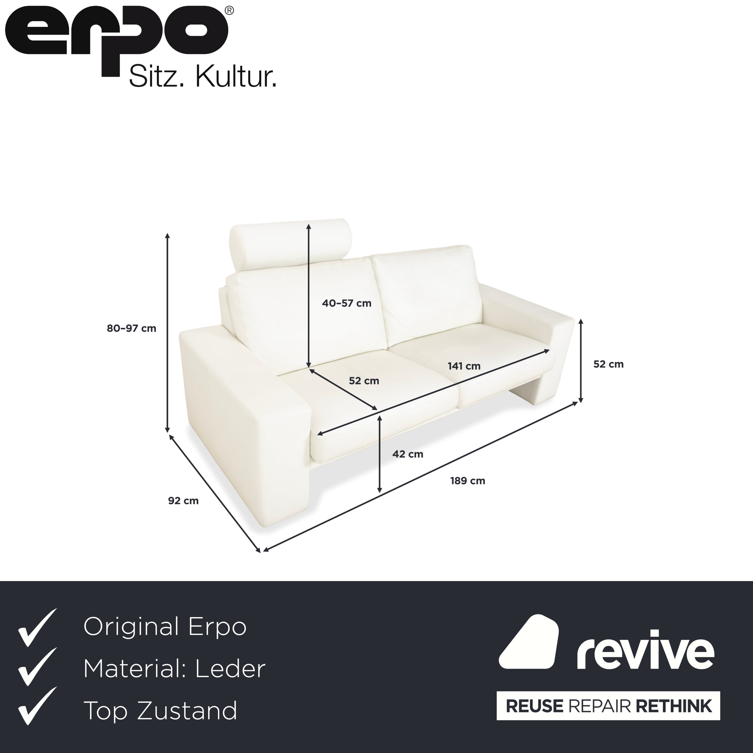 Canapé deux places en cuir Erpo CL 100 blanc crème