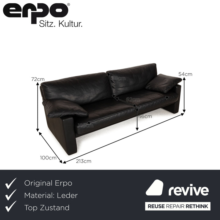 Erpo CL 300 Leather Three Seater Black Sofa Couch