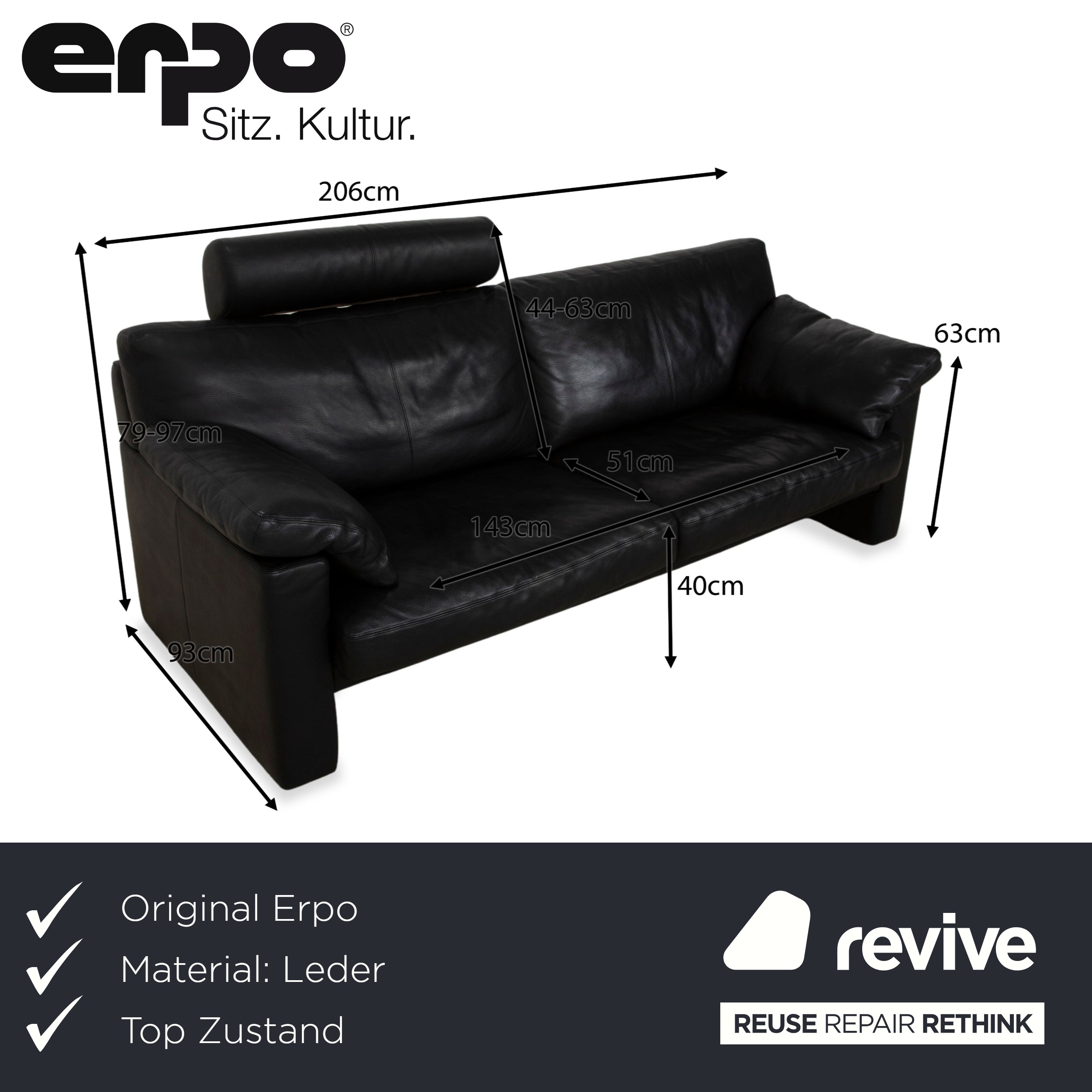 Erpo CL 300 Leder Zweisitzer Schwarz Sofa Couch