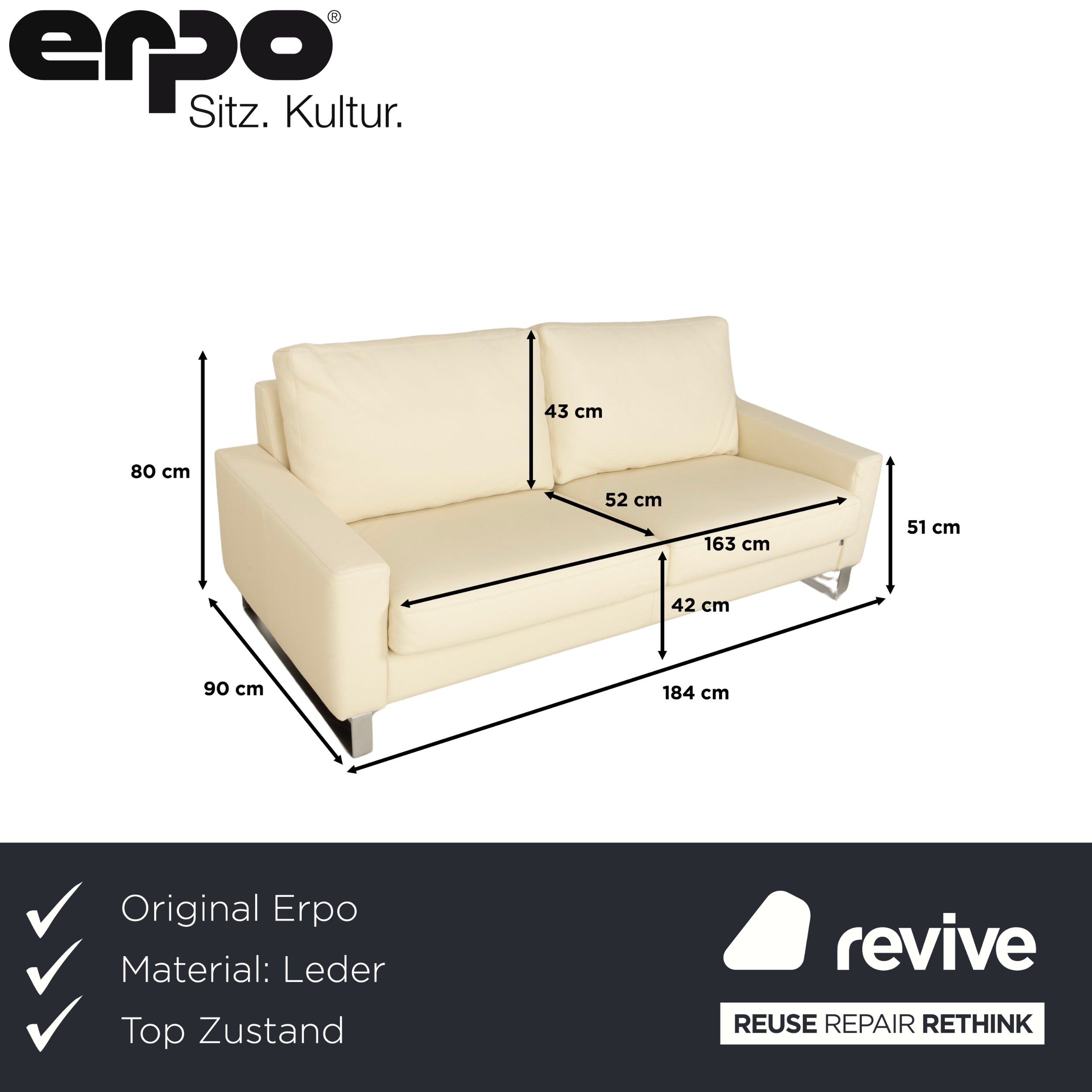 Canapé trois places en cuir crème Erpo CL 500