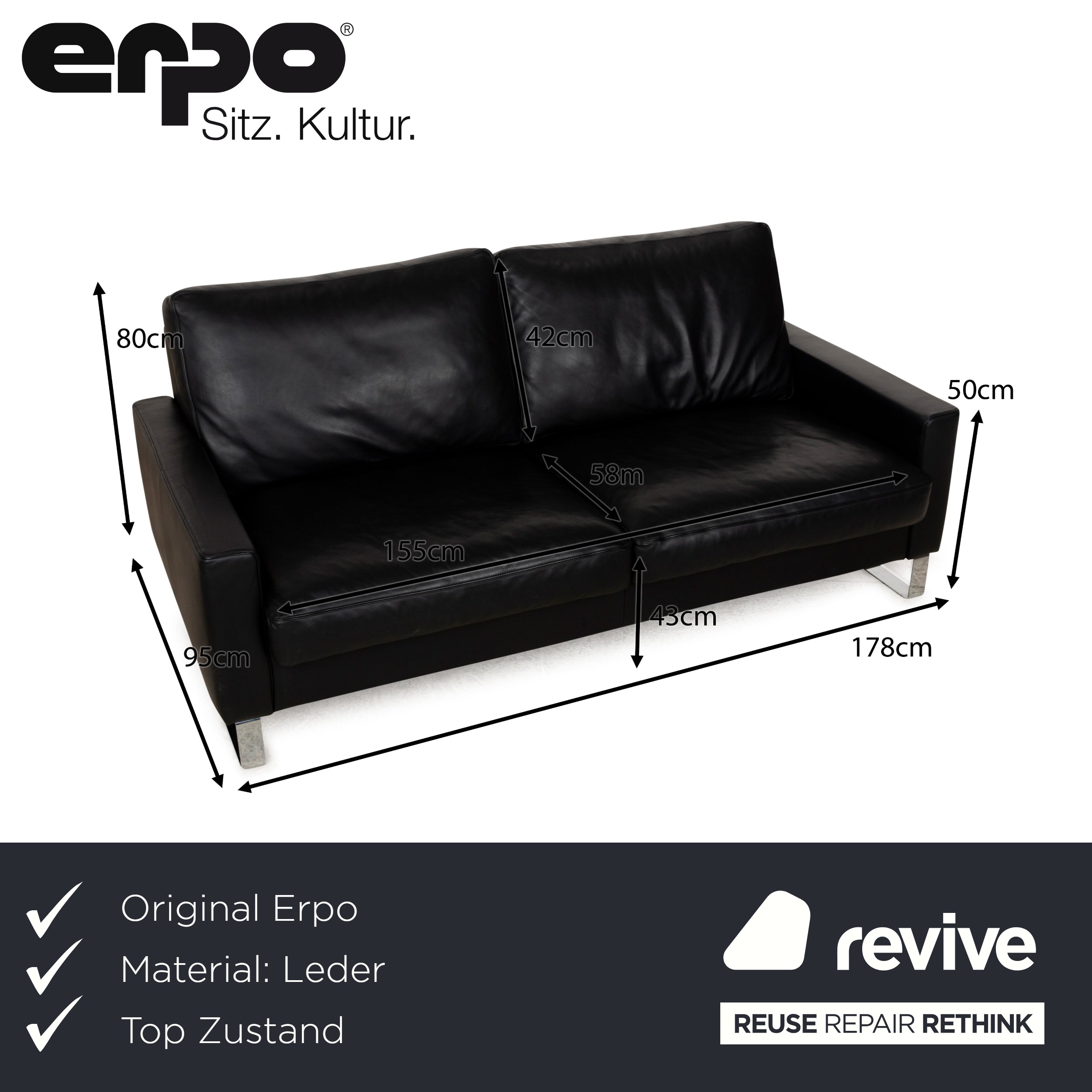 Erpo CL 500 Leather Three-Seater Black Sofa Couch