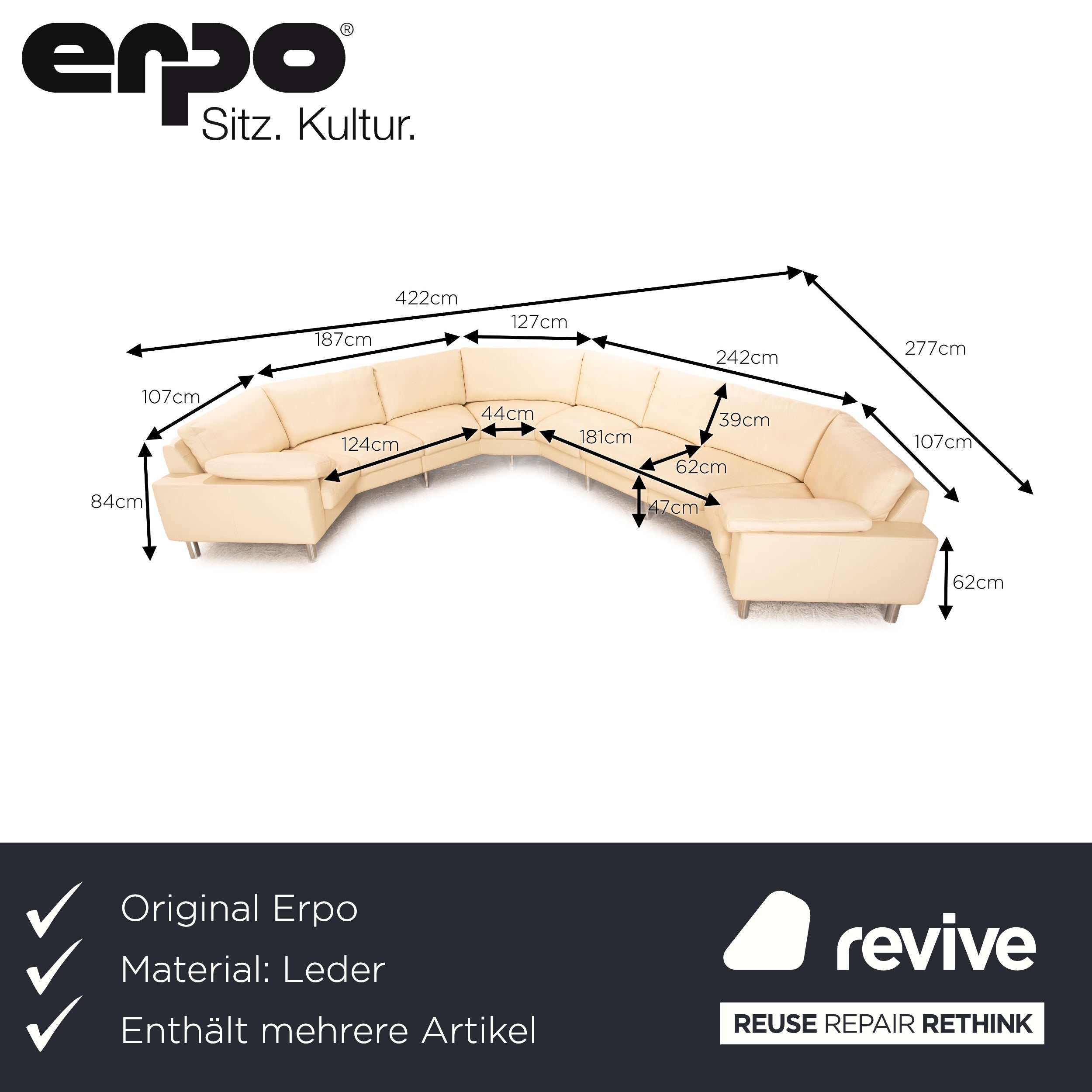 Erpo CL 500 ensemble de canapés en cuir crème canapé d'angle fauteuil canapé