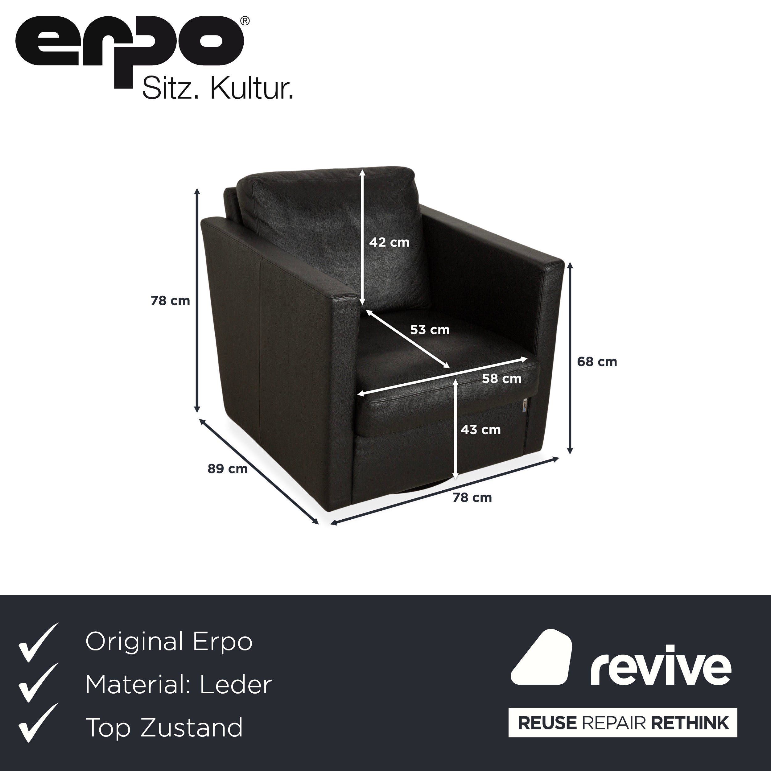 Fauteuil en cuir noir Erpo CL 580, fonction manuelle, fonction pivotante, fonction bascule