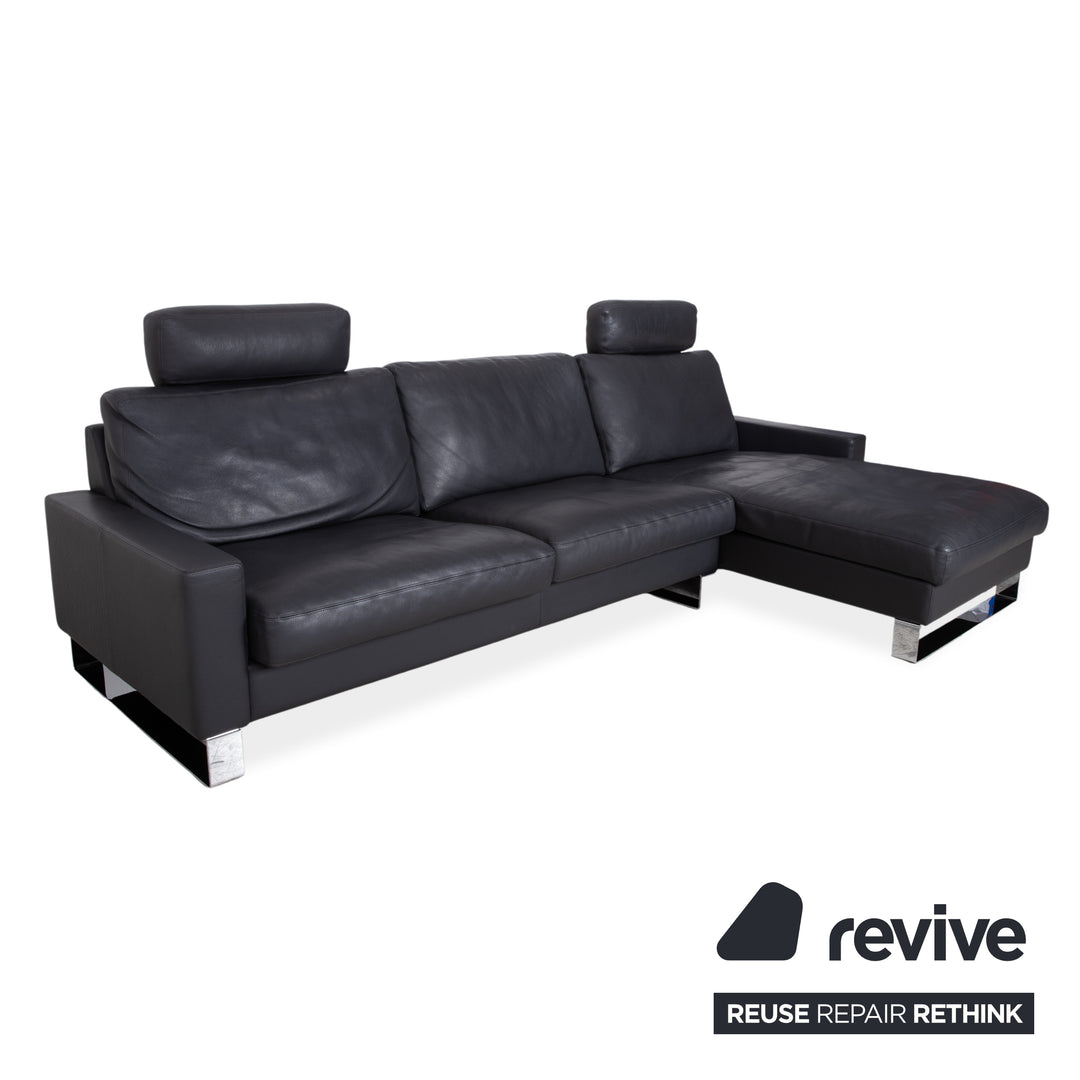 Erpo CL 820 Leather Corner Sofa Dark Grey Anthracite on Chrome Sleigh Legs incl. 2 Headrests Recamiere Right Couch