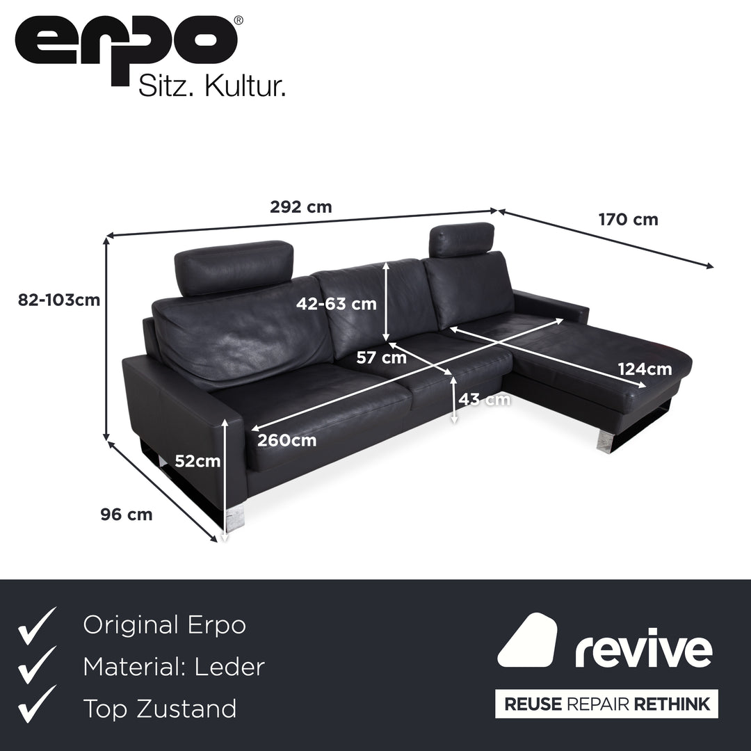 Erpo CL 820 Leather Corner Sofa Dark Grey Anthracite on Chrome Sleigh Legs incl. 2 Headrests Recamiere Right Couch