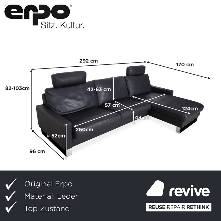 Erpo CL 820 Leather Corner Sofa Dark Grey Anthracite on Chrome Sleigh Legs incl. 2 Headrests Recamiere Right Couch
