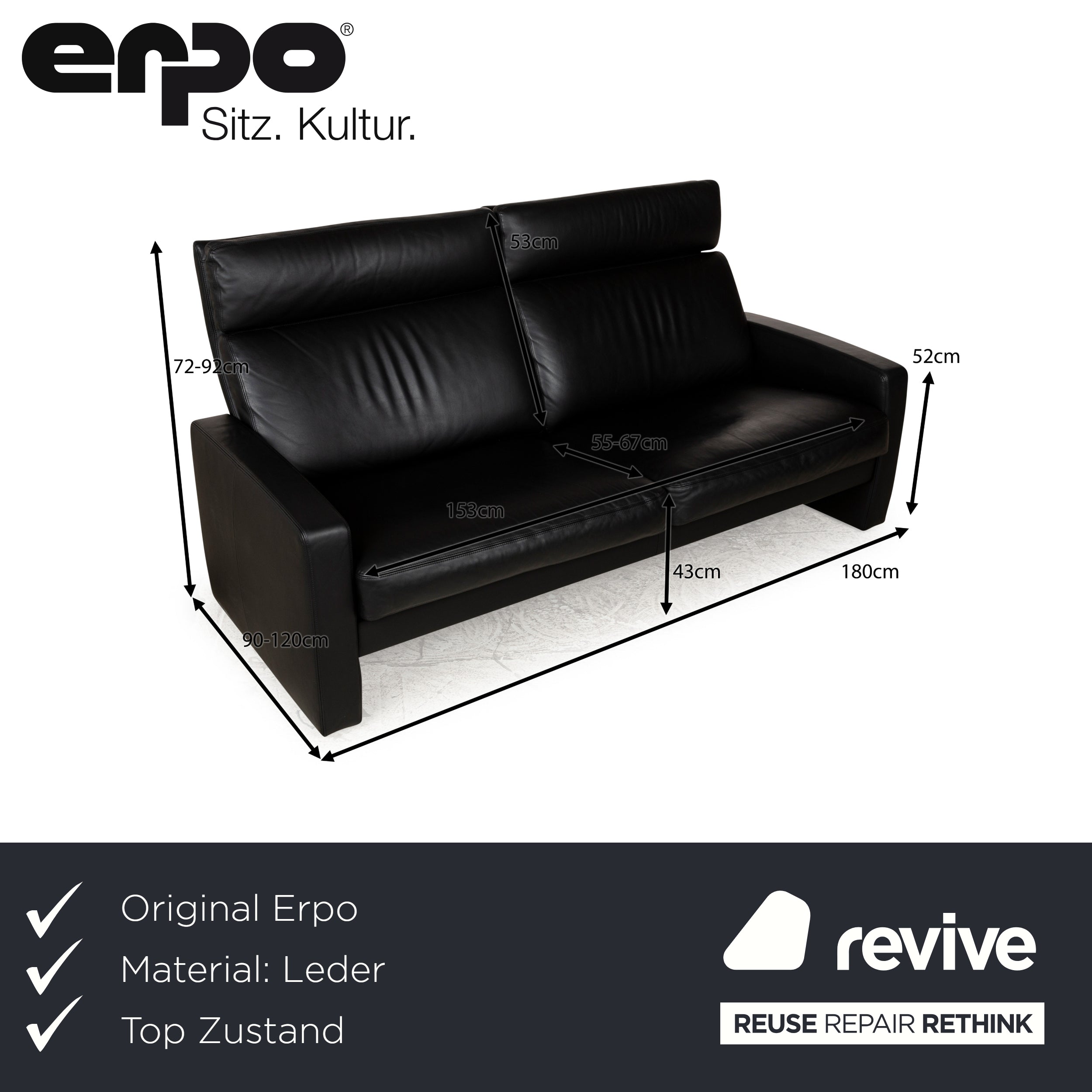 Canapé trois places Erpo Just Relax en cuir noir à fonction manuelle