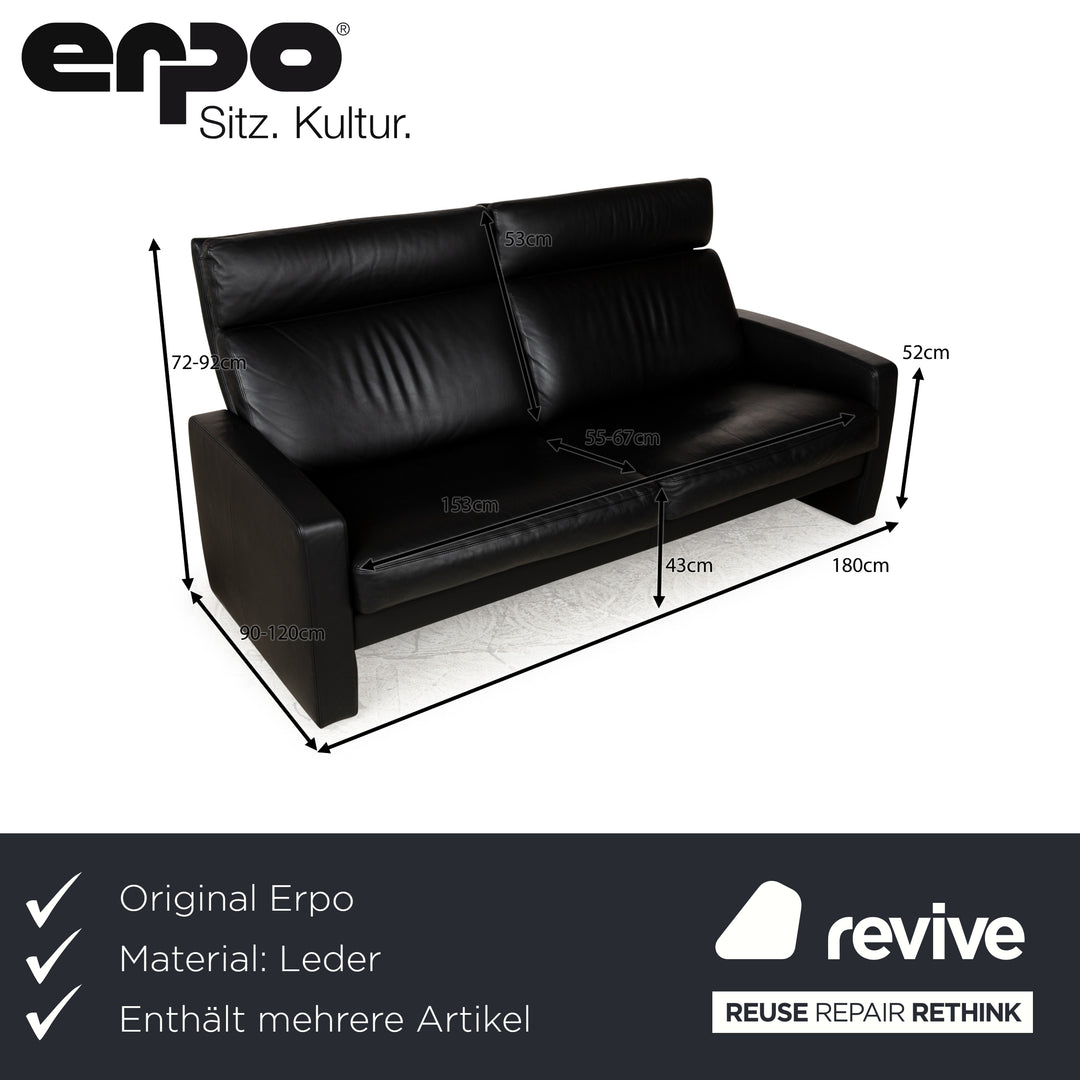 Ensemble de canapés Erpo Just Relax en cuir noir, fonction manuelle, fauteuil trois places, deux places, tabouret, canapé