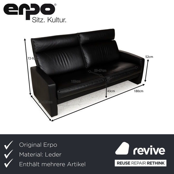 Ensemble de canapés Erpo Just Relax en cuir noir, fonction manuelle, fauteuil trois places, deux places, tabouret, canapé
