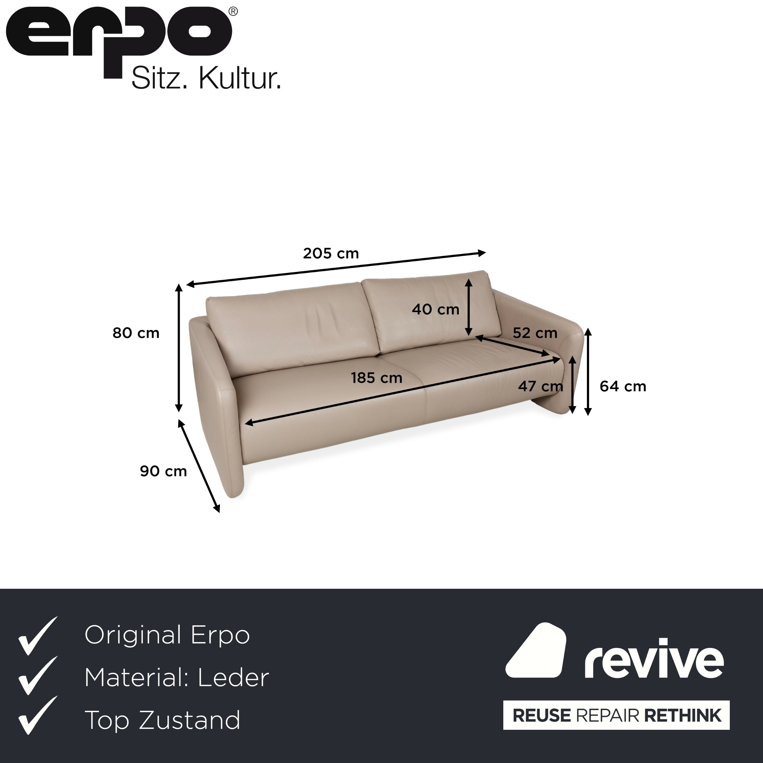 Erpo Leder Dreisitzer Beige Grau Sofa Couch