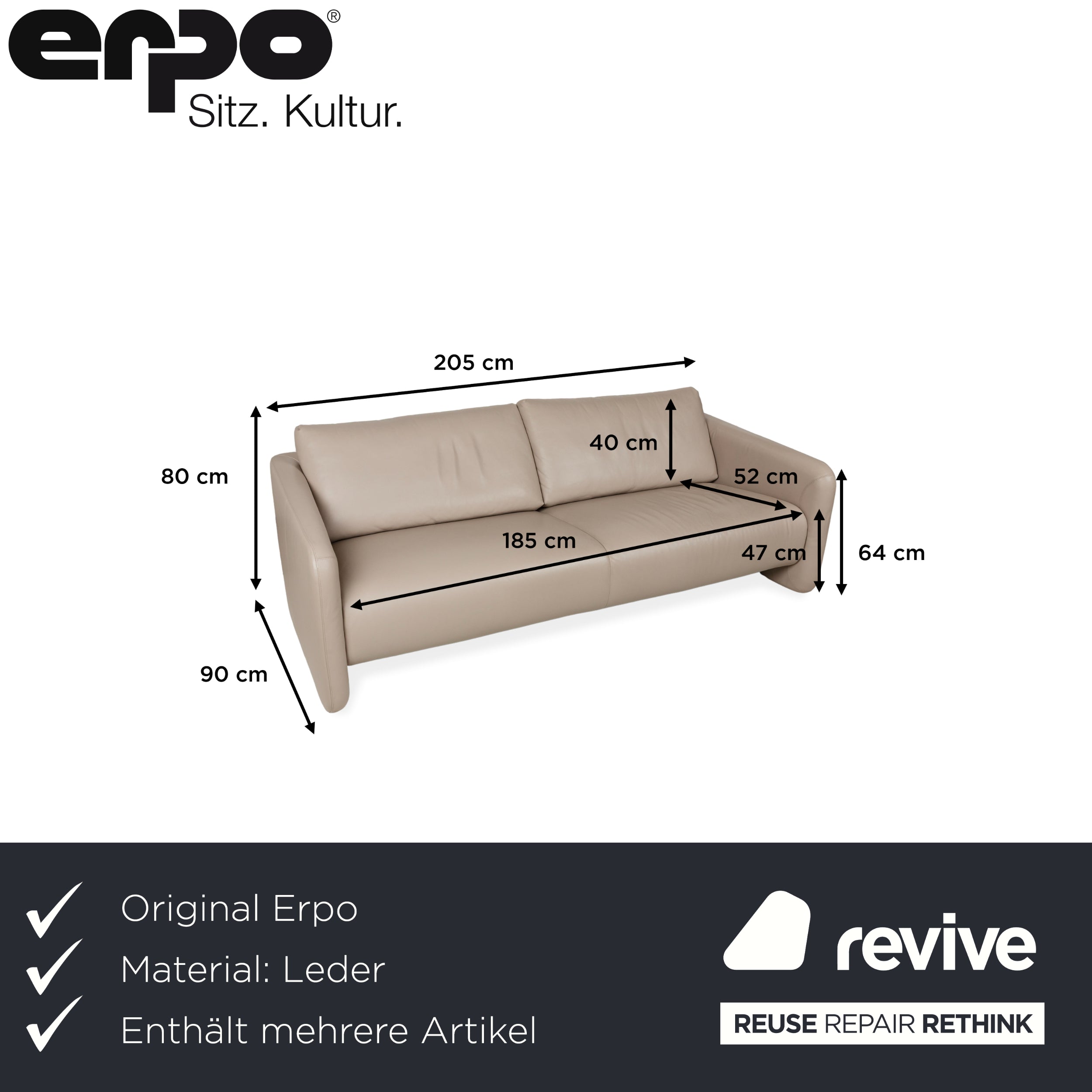 Erpo Leder Dreisitzer Sofa Couch und Sessel Beige Grau