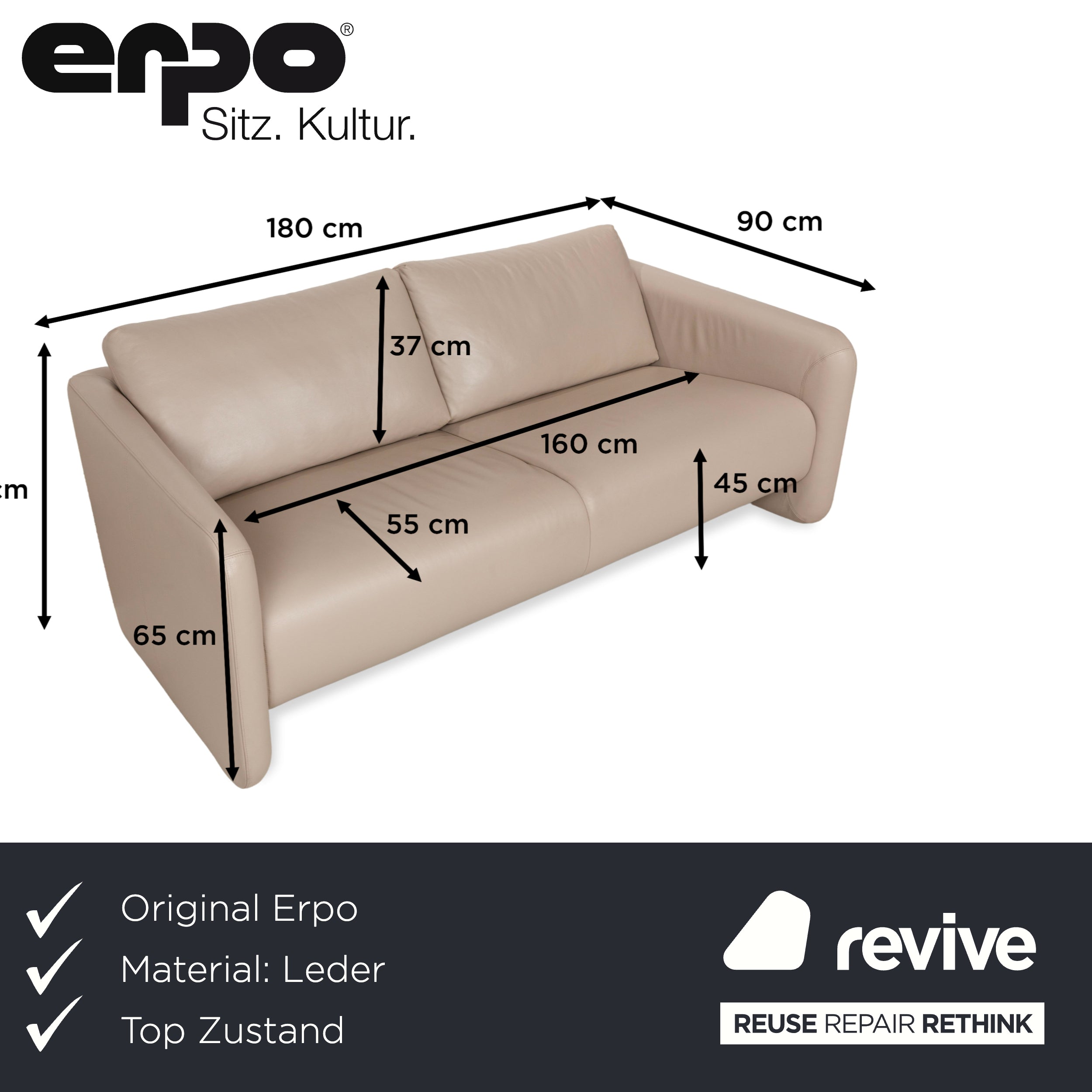 Erpo Leder Zweisitzer Beige Creme Sofa Couch