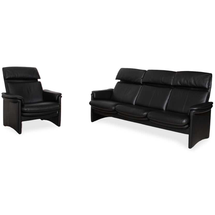Erpo Lugano Leather Suite Three-seater Armchair Black Manual Function Sofa Couch