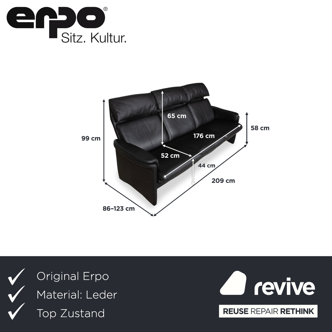 Erpo Lugano Leder Dreisitzer Schwarz manuelle Funktion Sofa Couch