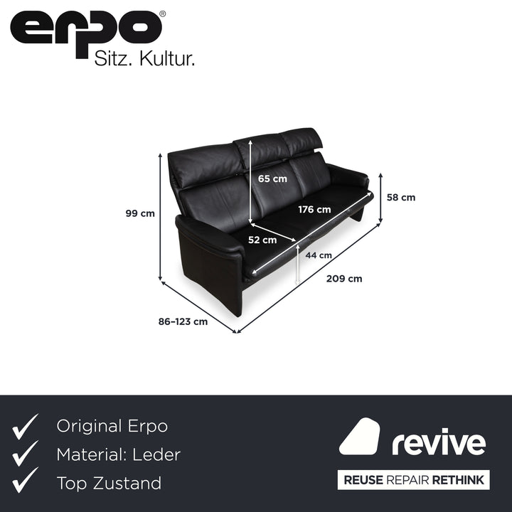 Erpo Lugano Leder Dreisitzer Schwarz manuelle Funktion Sofa Couch
