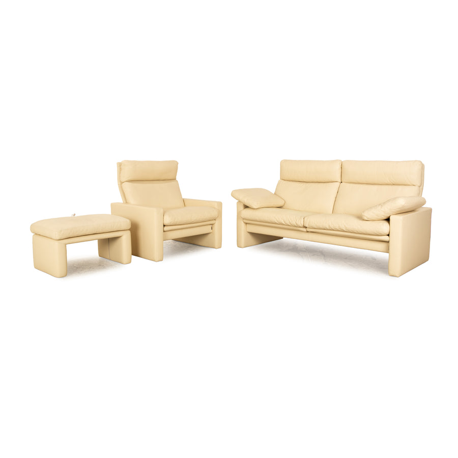 Erpo Manhatten Leder Sofa Garnitur Creme manuelle Funktion Dreisitzer Sessel Hocker