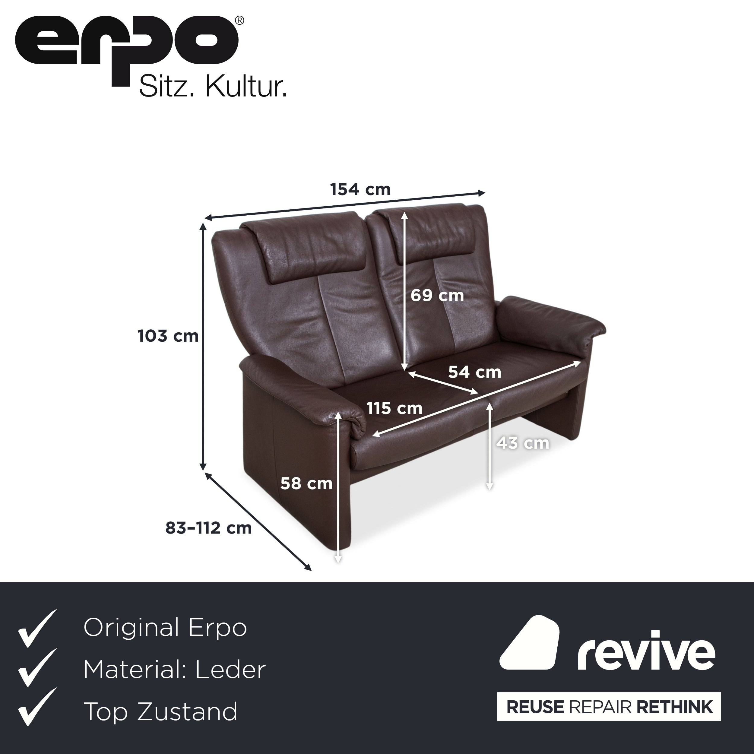 Erpo Milano Zweisitzer Leder Sofa Braun Kaffee Couch manuelle Relaxfunktion
