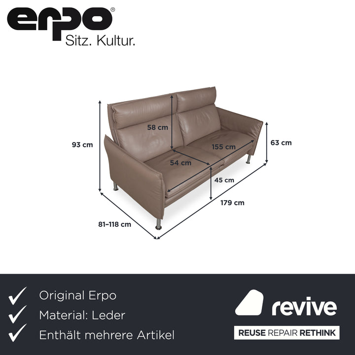 Erpo Porto Suite Leather Three-Seater Two-Seater Armchair 2x Stools Brown Taupe Manual Function Sofa Couch