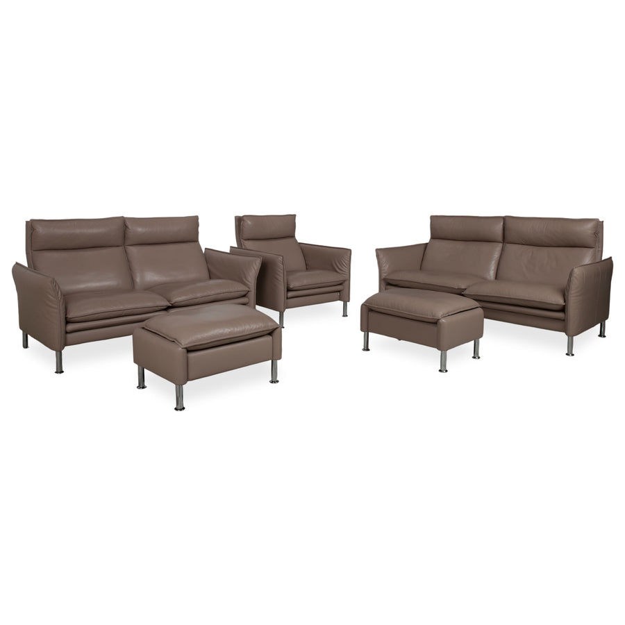 Erpo Porto Suite Leather Three-Seater Two-Seater Armchair 2x Stools Brown Taupe Manual Function Sofa Couch