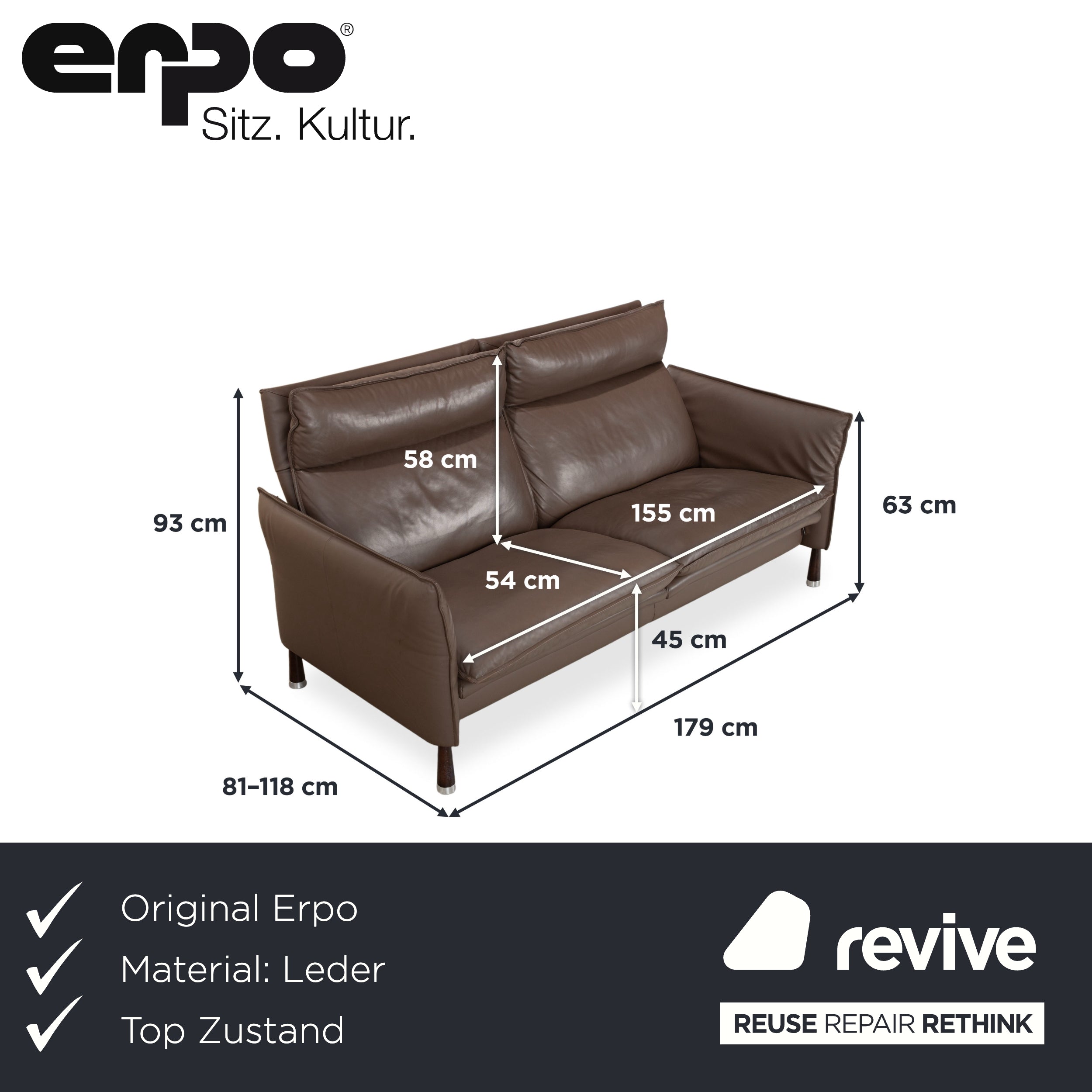 Erpo Porto Leder Dreisitzer Braun manuelle Funktion Sofa Couch