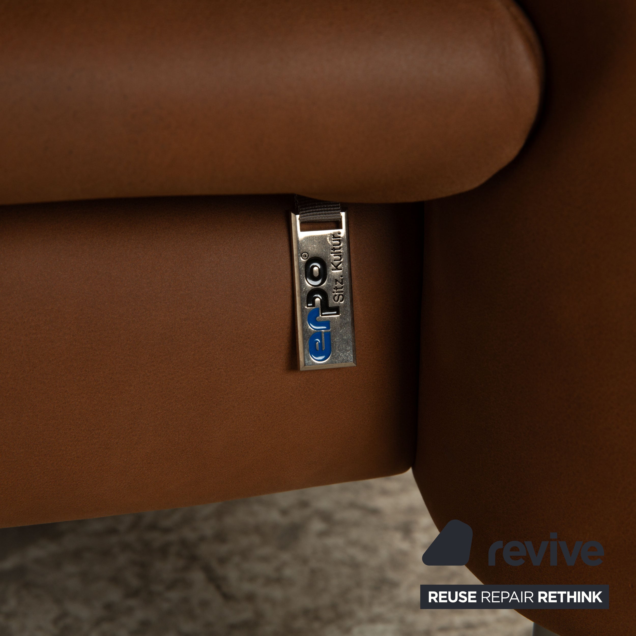 Canapé d'angle Erpo Porto en cuir marron, fonction manuelle, canapé récamière gauche