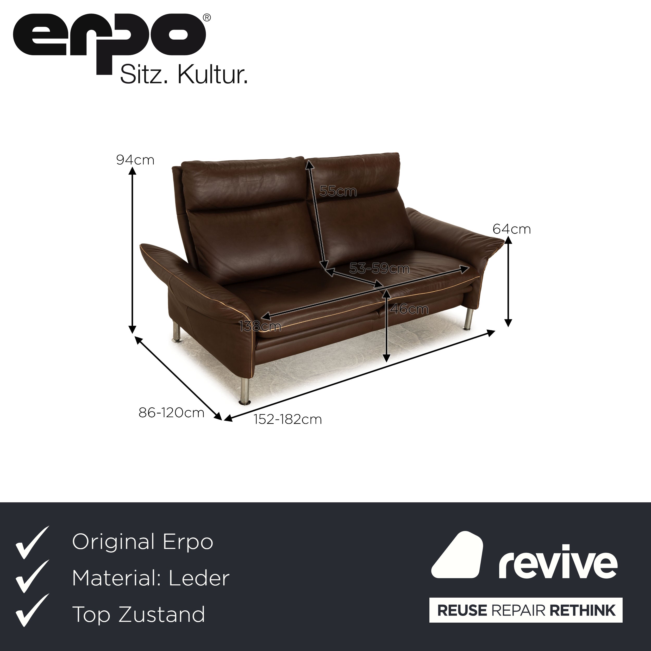Erpo Porto Leather Two Seater Brown Dark Brown Sofa Couch