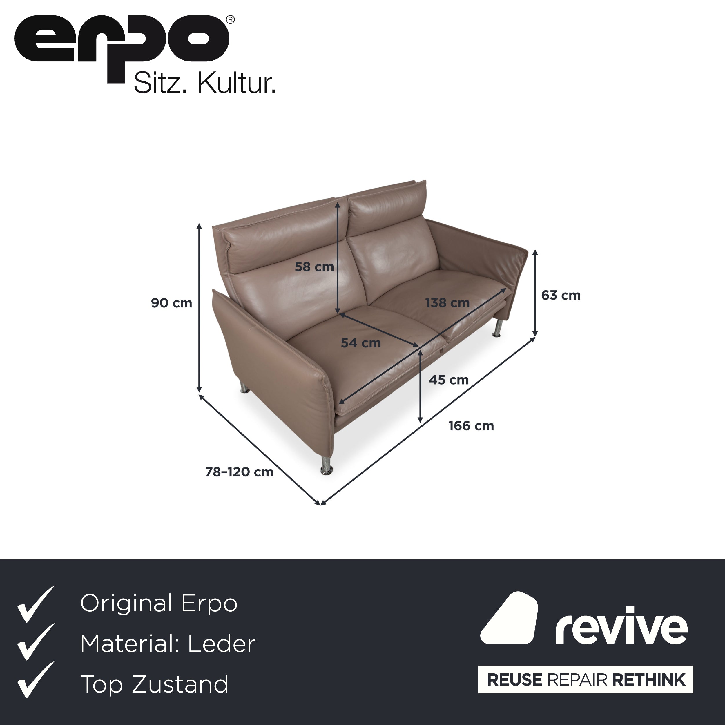 Erpo Porto Leder Zweisitzer Braun Taupe manuelle Funktion Sofa Couch