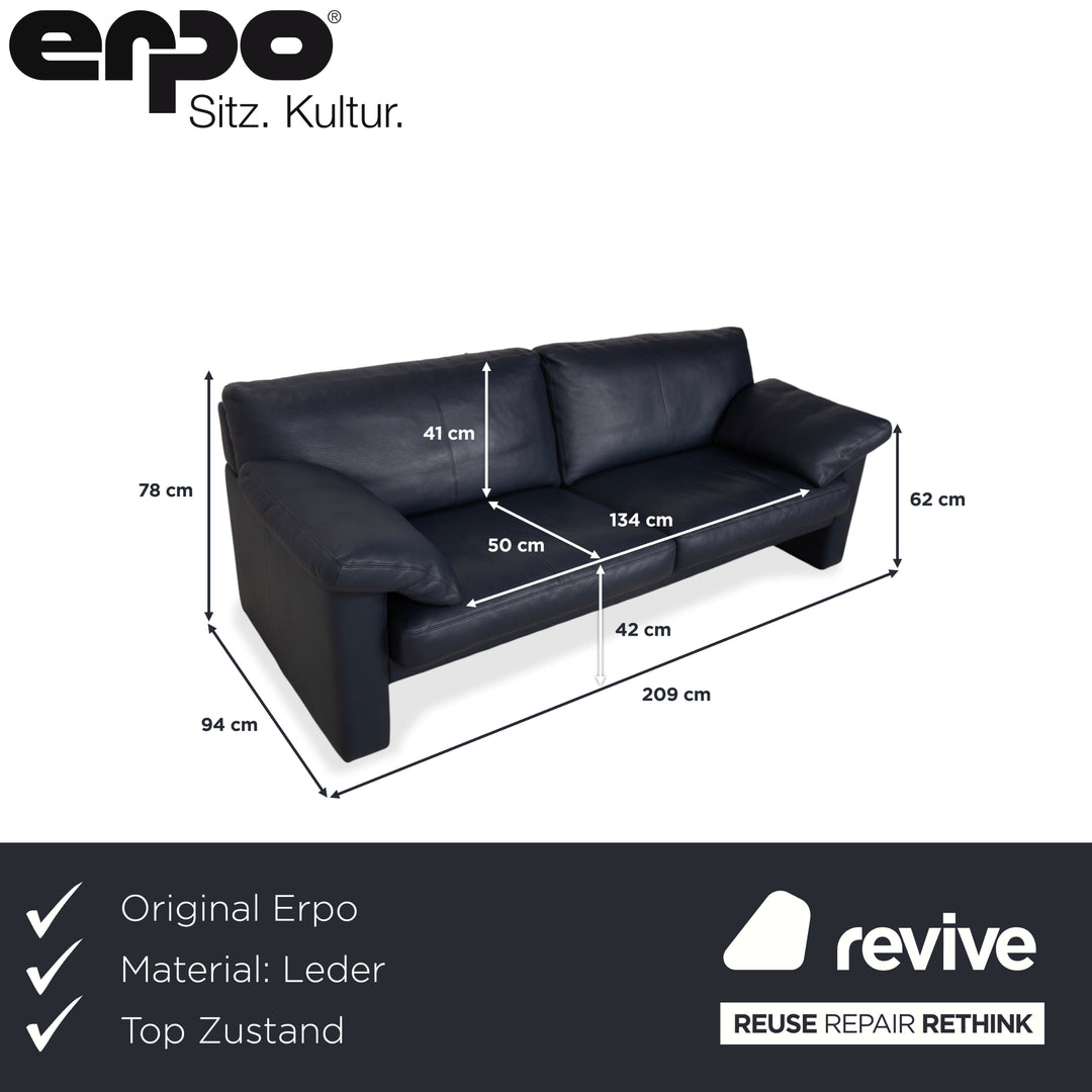 Erpo City Leather Three-Seater Blue Dark Blue Navy Sofa Couch