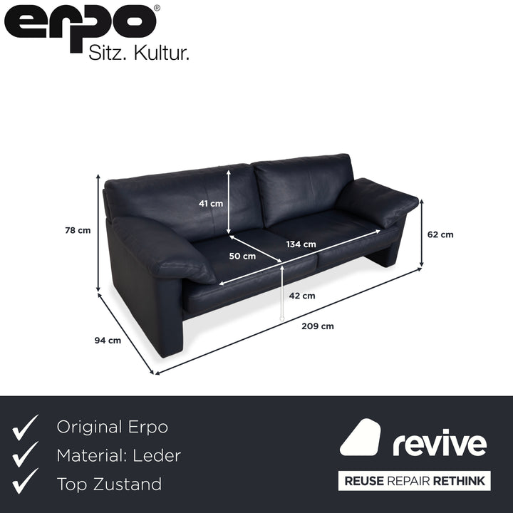 Erpo City Leather Three-Seater Blue Dark Blue Navy Sofa Couch