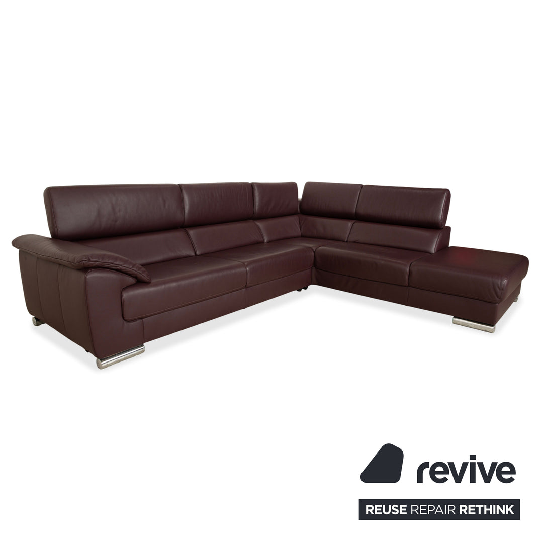 Ewald Schillig Brand Blues corner sofa, leather, aubergine brown, manual function, chaise longue on the right