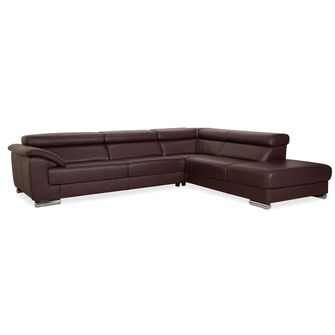 Ewald Schillig Brand Blues corner sofa, leather, aubergine brown, manual function, chaise longue on the right