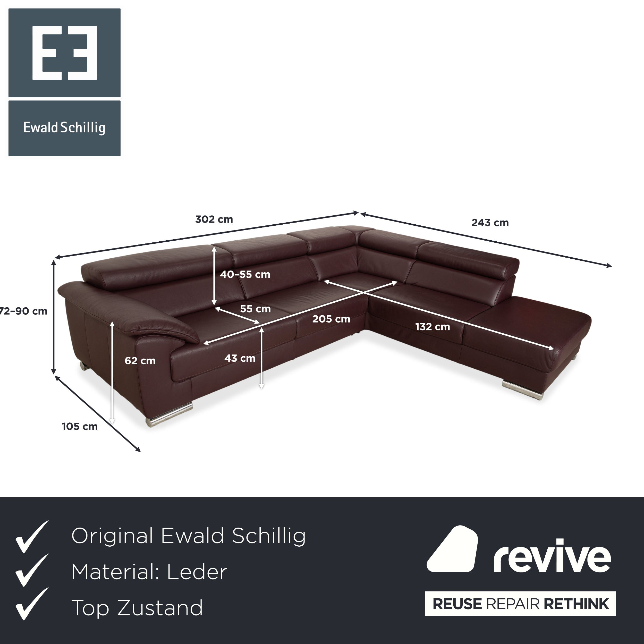 Ewald Schillig Brand Blues Ecksofa Leder Aubergine Braun Couch manuelle Funktion Recamiere rechts