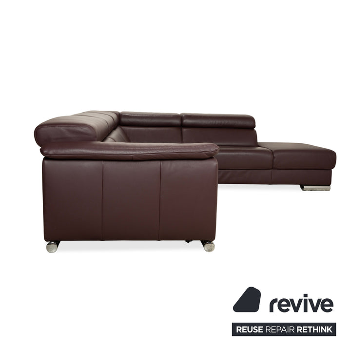 Ewald Schillig Brand Blues corner sofa, leather, aubergine brown, manual function, chaise longue on the right