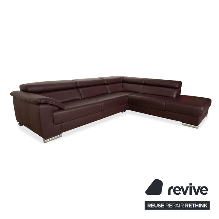 Ewald Schillig Brand Blues corner sofa, leather, aubergine brown, manual function, chaise longue on the right