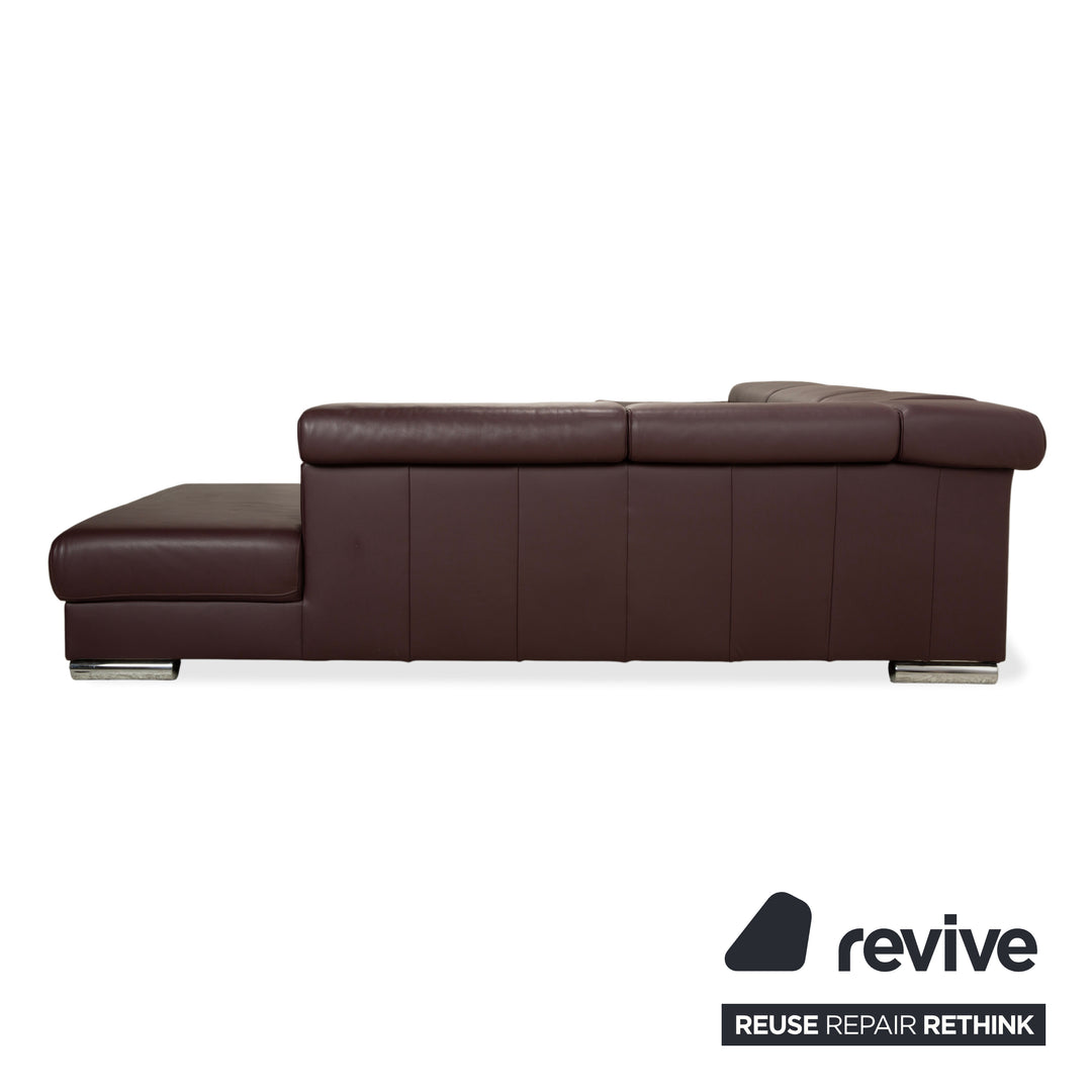 Ewald Schillig Brand Blues corner sofa, leather, aubergine brown, manual function, chaise longue on the right