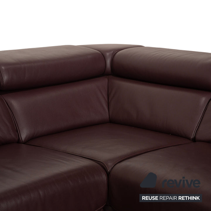 Ewald Schillig Brand Blues corner sofa, leather, aubergine brown, manual function, chaise longue on the right