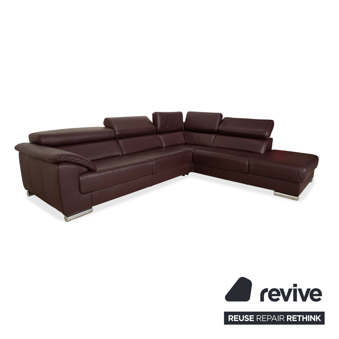 Ewald Schillig Brand Blues corner sofa, leather, aubergine brown, manual function, chaise longue on the right