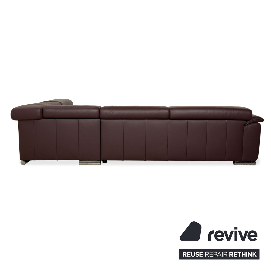 Ewald Schillig Brand Blues corner sofa, leather, aubergine brown, manual function, chaise longue on the right