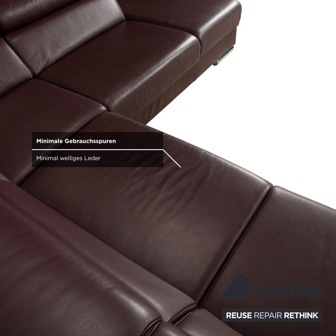 Ewald Schillig Brand Blues corner sofa, leather, aubergine brown, manual function, chaise longue on the right