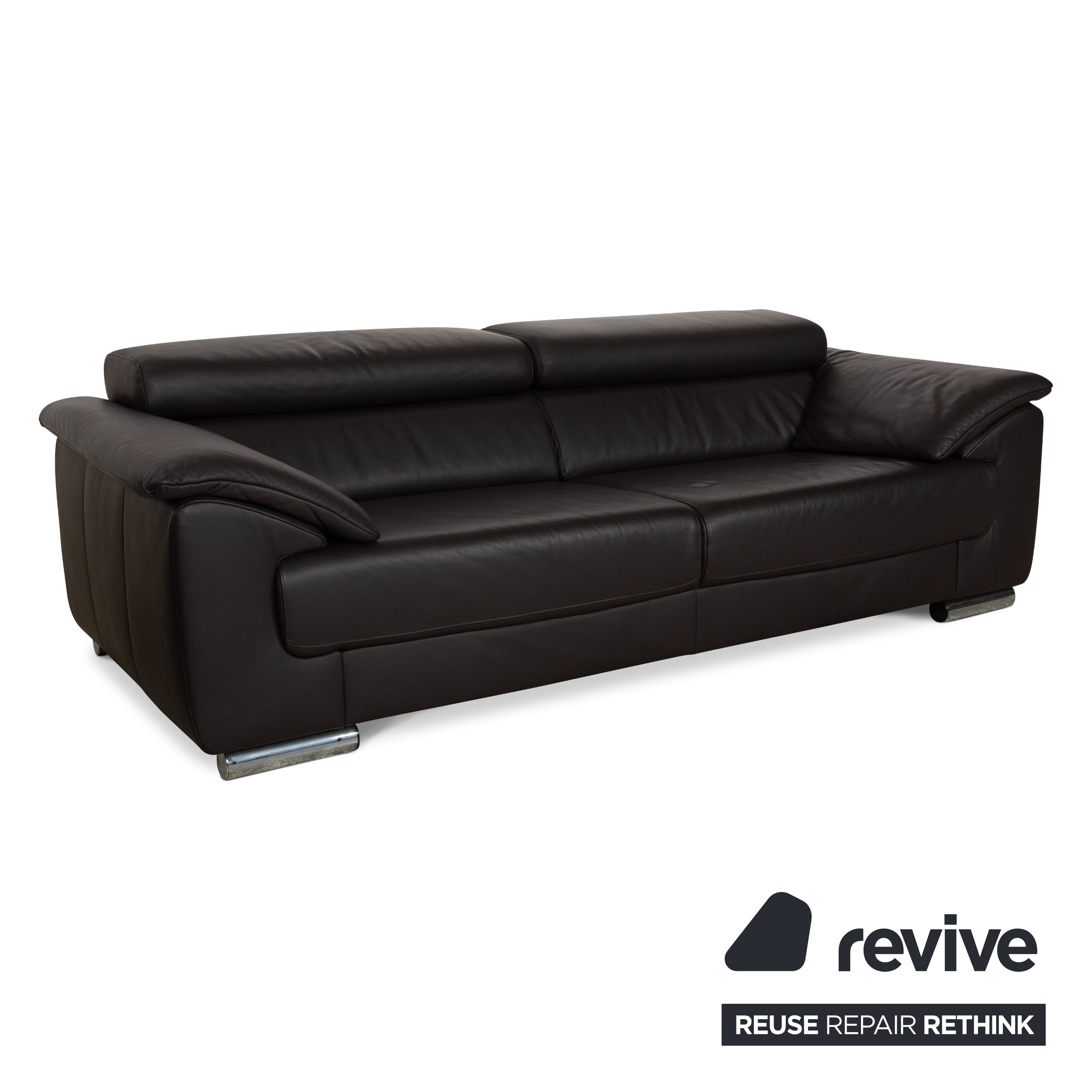 Ewald Schillig Brand Blues Leather Three-Seater Dark Grey Brown Sofa Couch Manual Function