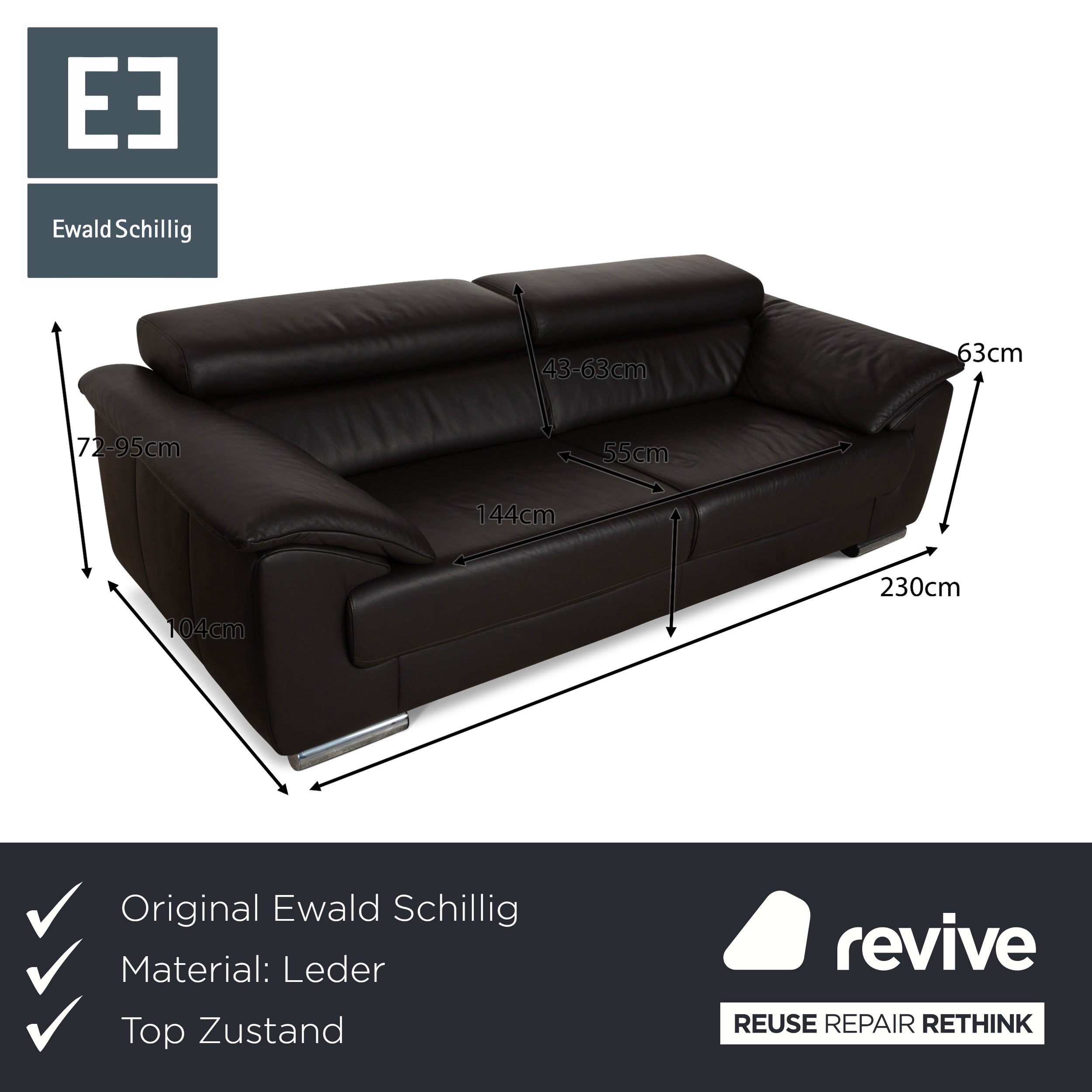 Ewald Schillig Brand Blues Leather Three-Seater Dark Grey Brown Sofa Couch Manual Function