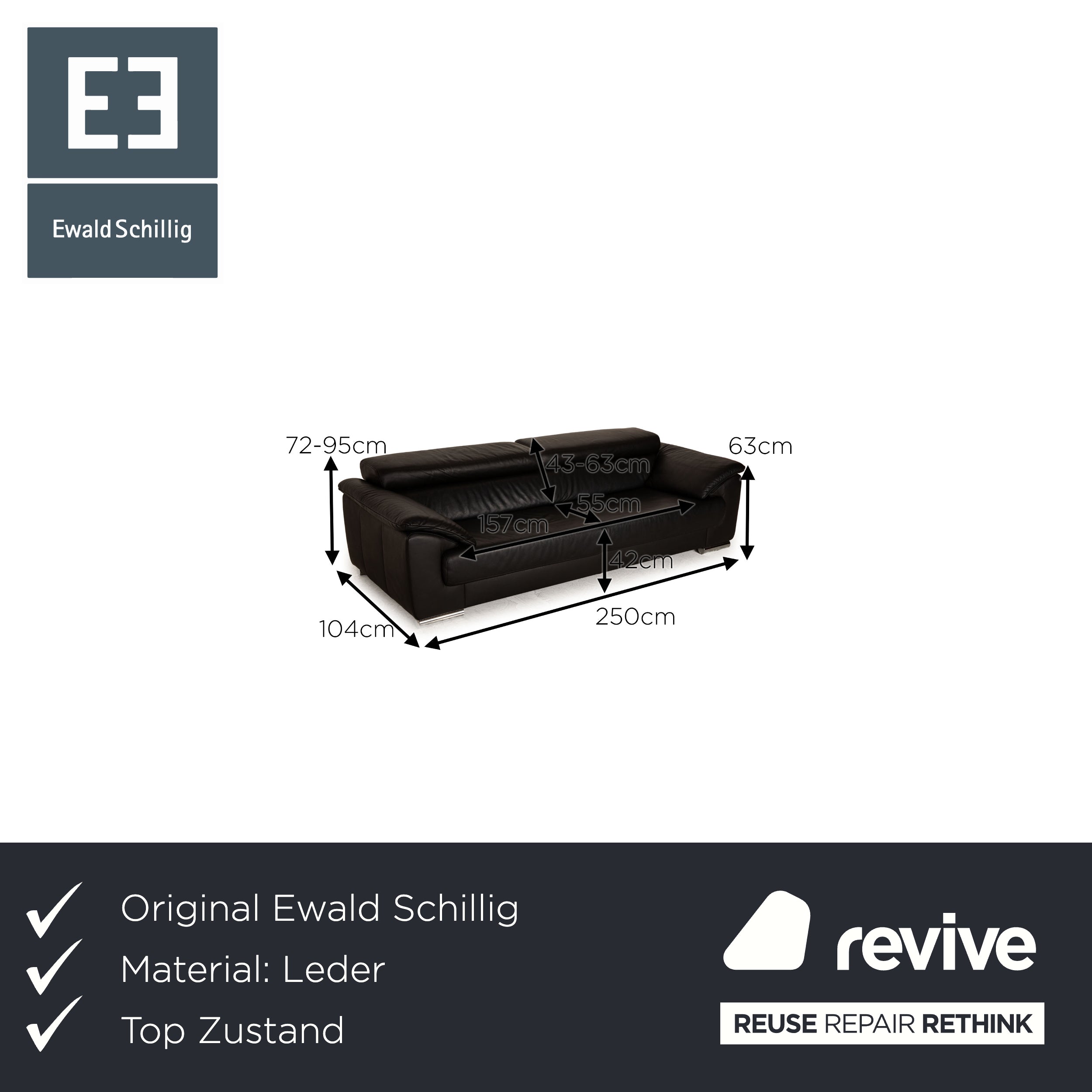 Ewald Schillig Brand Blues Leder Dreisitzer Schwarz Sofa Couch Funktion