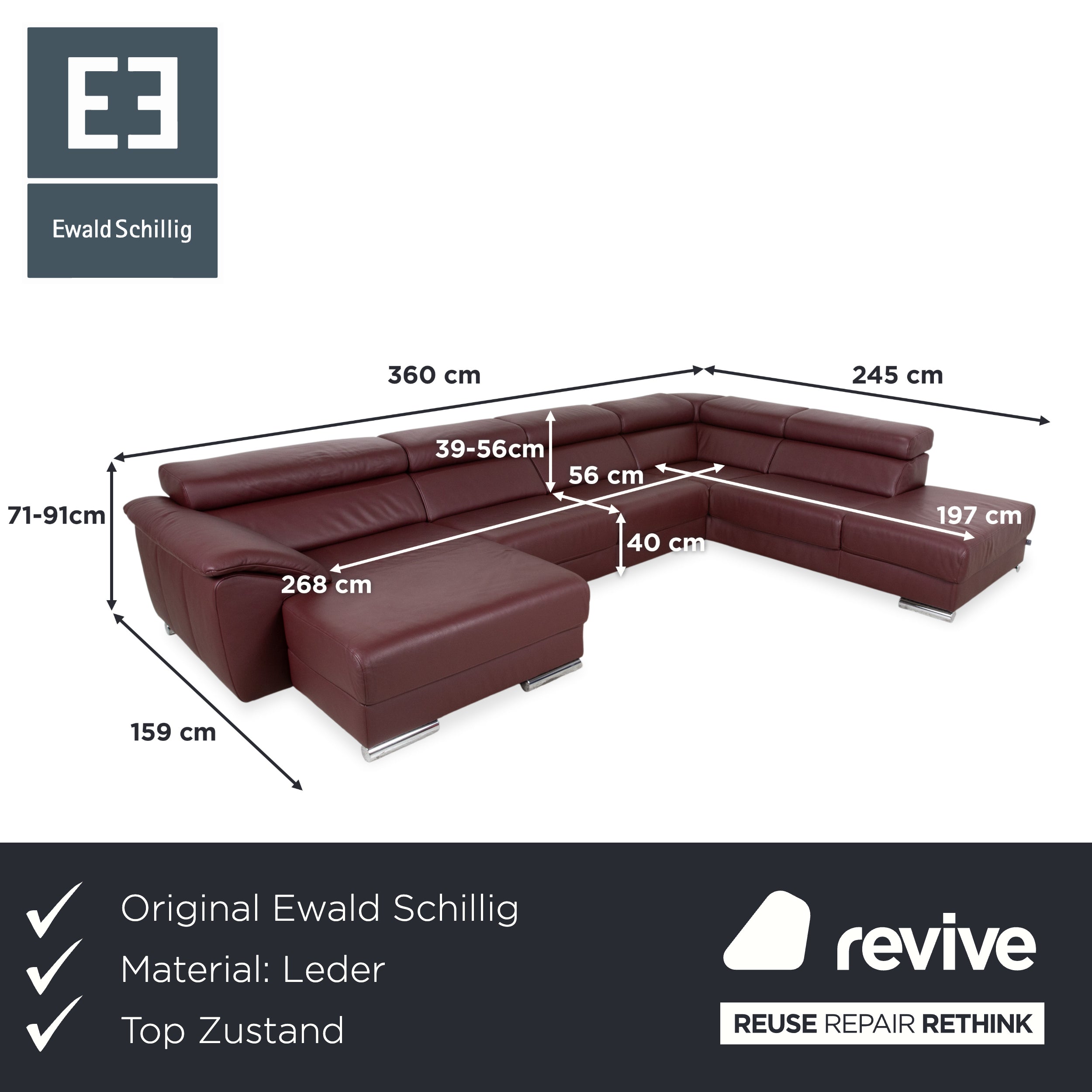 Ewald Schillig Brand Blues Leather Chrome Corner Sofa Red Wine Red manual function Sofa Couch