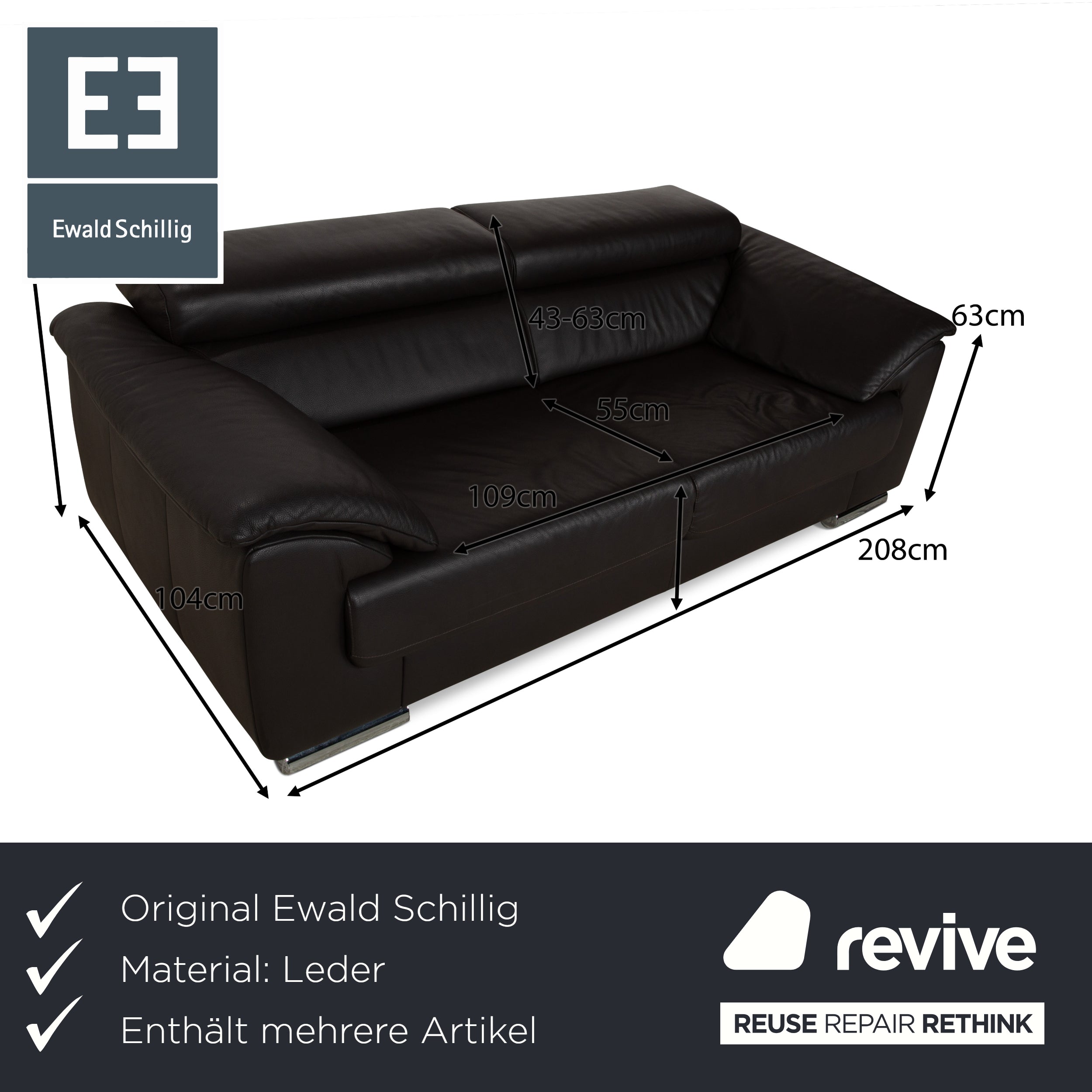 Ewald Schillig Brand Blues Leather Sofa Set Dark Grey Brown Three-Seater Two-Seater Couch Manual Function